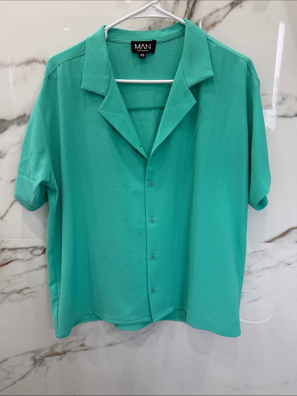 Boohoo Mens Teal Short Sleeve Button-Down Camp Shirt